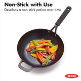 OXO Obsidian Pre-Seasoned Carbon Steel, 12 Wok Pan with Removable Silicone Handle Holder, Induction, Oven Safe, Black